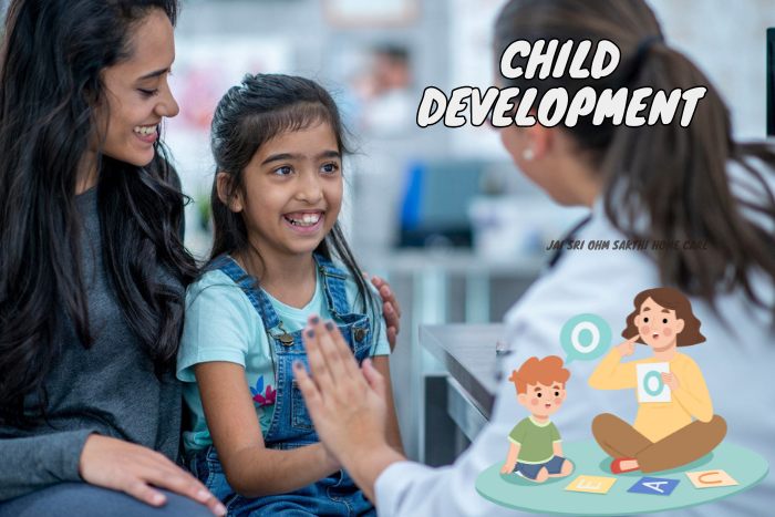 Child receiving developmental assessment from a healthcare professional, with a mother present, as part of Jai Sri Ohm Sakthi Home Care's child development services in Coimbatore