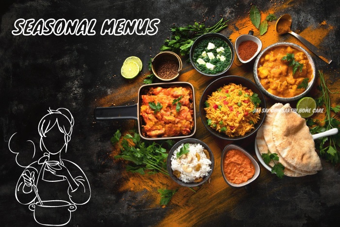 Delicious spread of Jai Sri Ohm Sakthi Home Care's seasonal menu offerings in Coimbatore, featuring freshly prepared traditional Indian dishes, perfect for local home-cooked meal enthusiasts