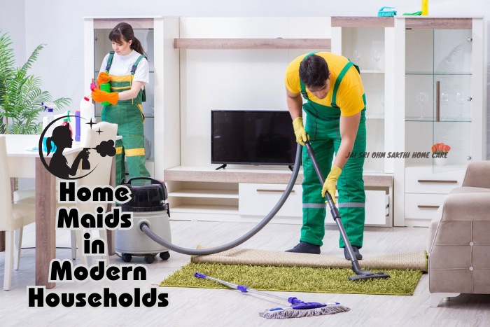 Professional home maids from Jai Sri Ohm Sakthi Home Care diligently cleaning a modern household in Coimbatore, highlighting efficient housekeeping services tailored for contemporary living spaces