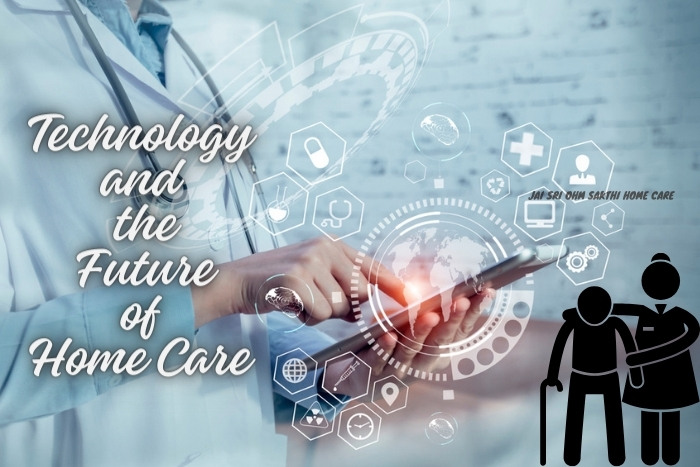 Healthcare professional at Jai Sri Ohm Sakthi Home Care in Coimbatore engaging with advanced technology to enhance the quality and efficiency of home care services for the future