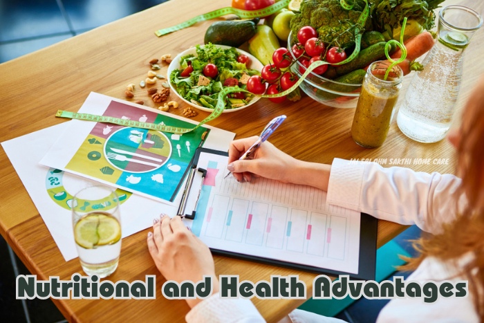 Professional nutritionist from Jai Sri Ohm Sakthi Home Care in Coimbatore planning a balanced diet chart with an array of fresh vegetables, nuts, and smoothies for nutritional and health advantages