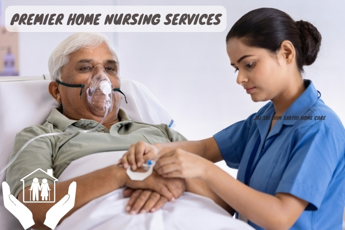 Professional nurse from Jai Sri Ohm Sakthi Home Care providing compassionate home nursing services to an elderly patient in Coimbatore, reflecting our commitment to premier healthcare and patient comfort