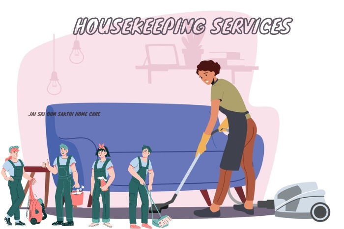 Dedicated team from Jai Sri Ohm Sakthi Home Care providing professional housekeeping services in Coimbatore, illustrated by efficient cleaning in a residential setting, promoting a tidy and hygienic home environment