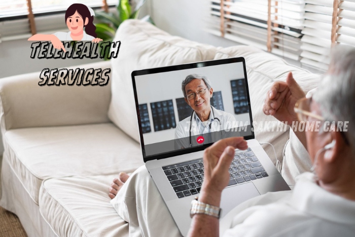 Senior man in Coimbatore using a laptop to access telehealth services provided by Jai Sri Ohm Sakthi Home Care, demonstrating the convenience and effectiveness of remote medical consultations in the comfort of his home