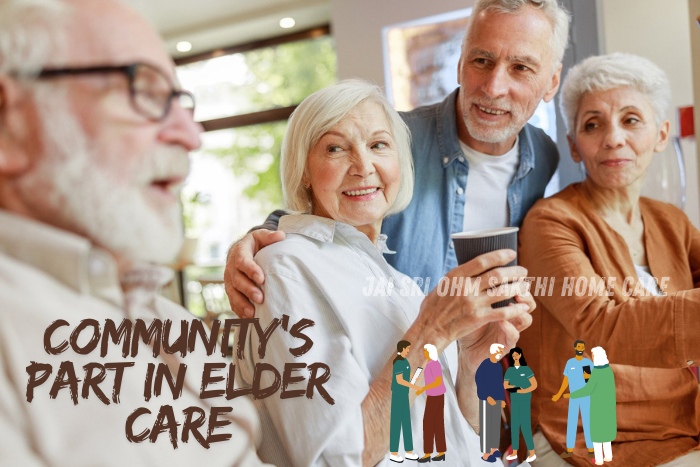 Group of elderly individuals socializing and enjoying community activities in Coimbatore, showcasing the importance of community involvement in elder care, supported by Jai Sri Ohm Sakthi Home Care