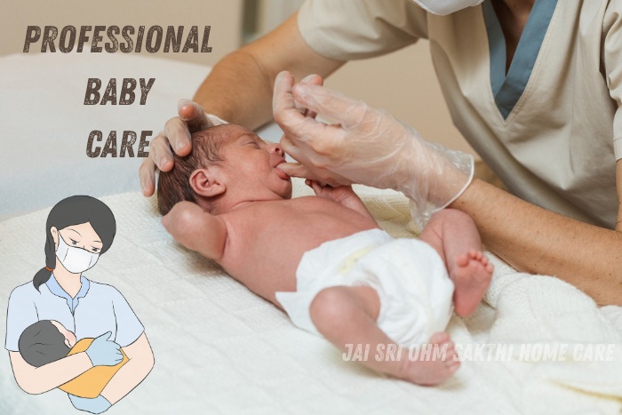 Professional caregiver from Jai Sri Ohm Sakthi Home Care in Coimbatore gently caring for a newborn, demonstrating expert baby care services to ensure health and comfort for the youngest clients
