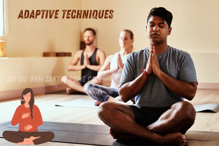 Group of diverse individuals practicing adaptive yoga techniques in a Coimbatore studio, with guidance from Jai Sri Ohm Sakthi Home Care, emphasizing wellness and inclusive health practices for all abilities