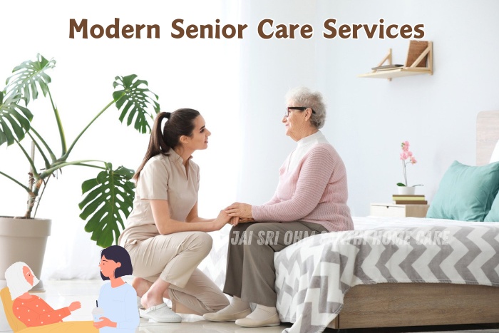 Compassionate caregiver from Jai Sri Ohm Sakthi Home Care in Coimbatore providing personalized modern senior care services, engaging with an elderly woman in a comfortable, well-lit home environment