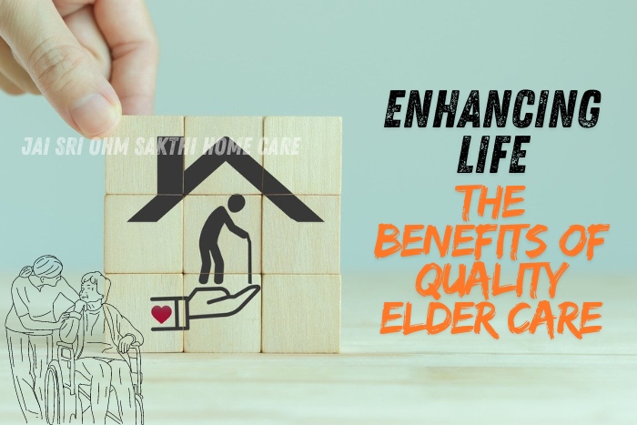 Illustration of hands building a wooden block structure representing quality elder care, with icons of a caregiver and senior, highlighting Jai Sri Ohm Sakthi Home Care's commitment to enhancing the lives of elders in Coimbatore through comprehensive and compassionate care services.