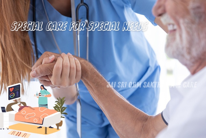 Nurse providing compassionate care to a smiling elderly patient in Coimbatore, illustrating Jai Sri Ohm Sakthi Home Care's dedication to special care for special needs, ensuring personalized and attentive elder care services