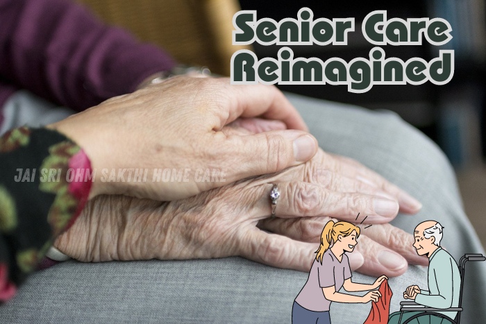 Close-up of a caregiver's hand gently holding the hand of an elderly person, symbolizing Jai Sri Ohm Sakthi Home Care's compassionate and reimagined senior care services in Coimbatore