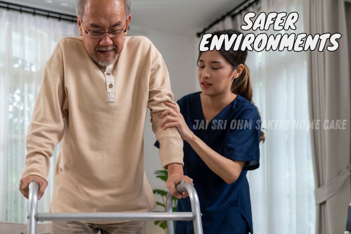 Nurse from Jai Sri Ohm Sakthi Home Care assisting an elderly man using a walker in Coimbatore, ensuring safety and mobility within a secure home environment as part of our senior care services