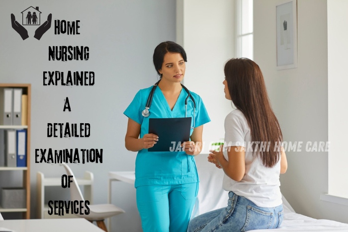 Nurse from Jai Sri Ohm Sakthi Home Care in Coimbatore consulting with a patient at home, illustrating the detailed and personalized home nursing services available, enhancing patient care and comfort