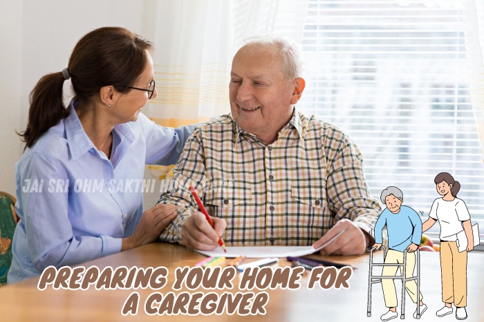 Caregiver from Jai Sri Ohm Sakthi Home Care in Coimbatore assisting an elderly man with paperwork at home, exemplifying personalized support and preparation for caregiving services tailored to senior residents' needs