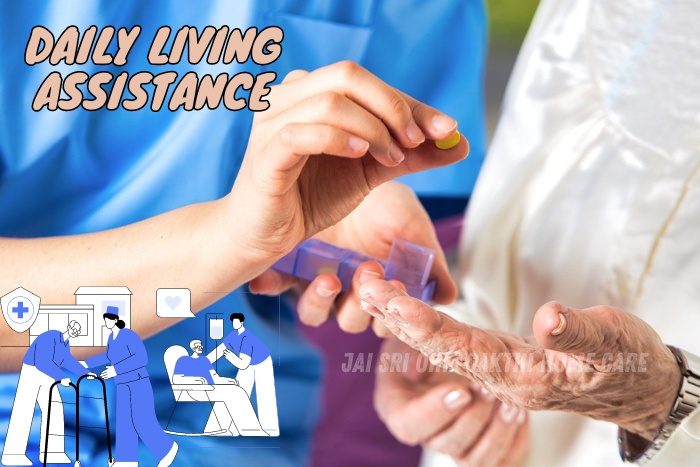 Professional caregiver from Jai Sri Ohm Sakthi Home Care in Coimbatore providing daily living assistance, helping a senior with medication management, emphasizing compassionate and personalized home care services
