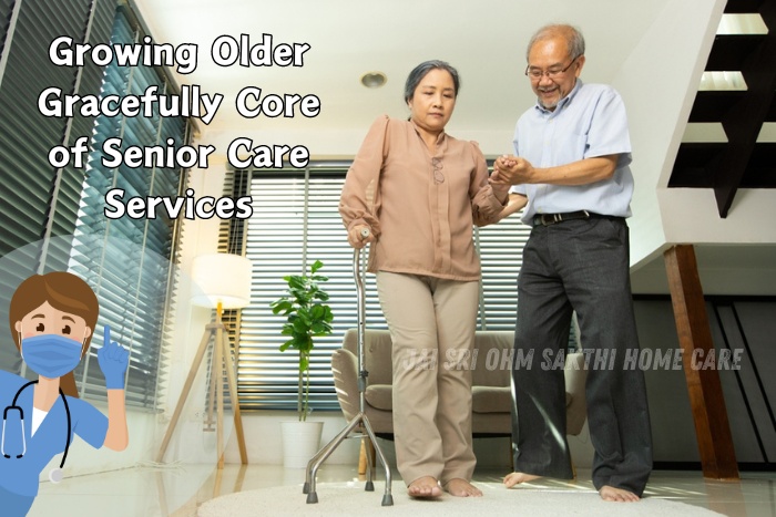 Senior man assisting his partner to walk in their Coimbatore home, demonstrating Jai Sri Ohm Sakthi Home Care's commitment to promoting independence and dignity in aging through expert senior care services.