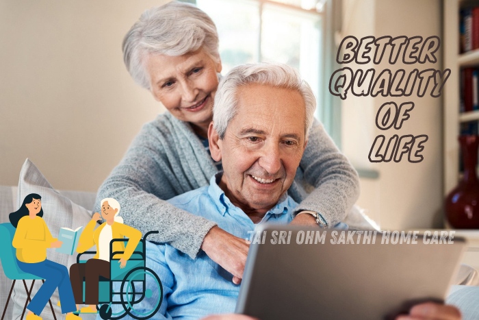 Elderly couple enjoying time together at home in Coimbatore, highlighting the improved quality of life through the comprehensive elder care services offered by Jai Sri Ohm Sakthi Home Care