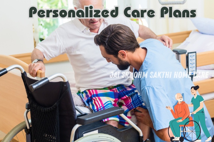 Caregiver assisting an elderly man into a wheelchair, highlighting the personalized care plans provided by Jai Sri Ohm Sakthi Home Care in Coimbatore, ensuring tailored and compassionate support for seniors