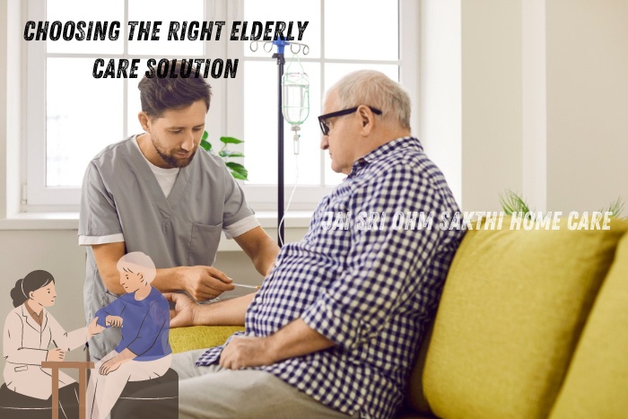 Healthcare professional administering an IV to an elderly man at home, illustrating the importance of choosing the right elderly care solution, provided by Jai Sri Ohm Sakthi Home Care in Coimbatore for personalized and comprehensive senior care