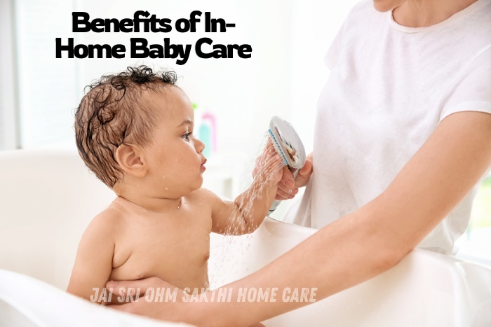 A caregiver gently bathing a baby, showing the nurturing care provided in a home by Jai Sri Ohm Sakthi Home Care