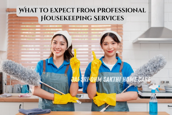 Friendly housekeeping staff from Jai Sri Ohm Sakthi Home Care offering professional cleaning services in Coimbatore