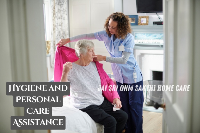 A caregiver from Jai Sri Ohm Sakthi Home Care in Coimbatore assists an elderly with dressing and personal hygiene