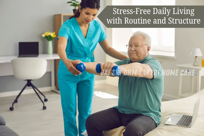 A caregiver from Jai Sri Ohm Sakthi Home Care in Coimbatore helps an elderly man with guided arm exercises at home