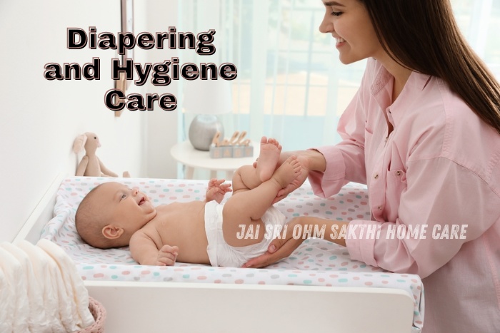 A caregiver from Jai Sri Ohm Sakthi Home Care in Coimbatore is gently changing a Baby Care diaper with proper hygiene care