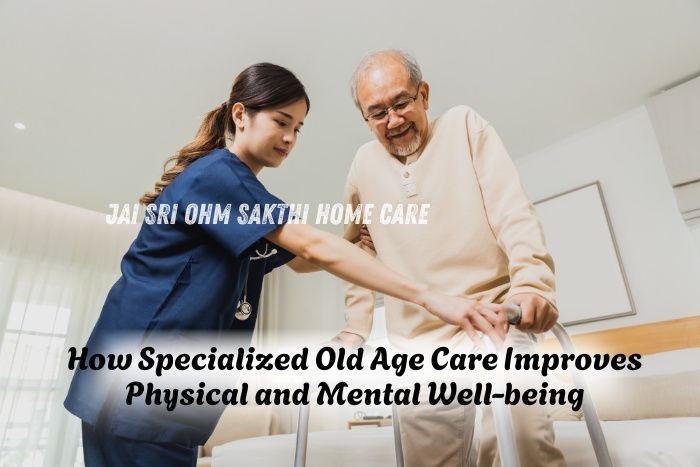 A trained caregiver from Jai Sri Ohm Sakthi Home Care in Coimbatore assists a senior man with mobility support