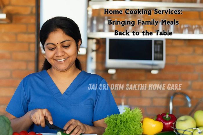 A cheerful home cook preparing fresh vegetables in a cozy kitchen,offered by Jai Sri Ohm Sakthi Home Care in Coimbatore