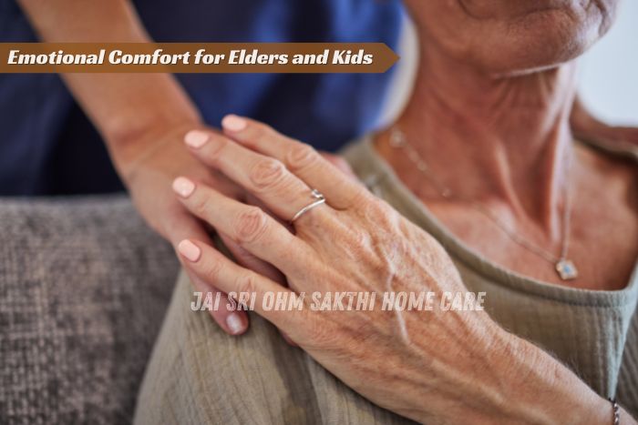 Jai Sri Ohm Sakthi Home Care in Coimbatore-A caregiver gently comforting an elderly woman with emotional support 