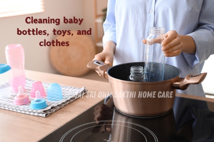 Sterilizing baby bottles for safe infant care services in Coimbatore by Jai Sri Ohm Sakthi Home Care