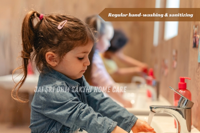 Young child practicing regular hand-washing for hygiene at Jai Sri Ohm Sakthi Home Care in Coimbatore