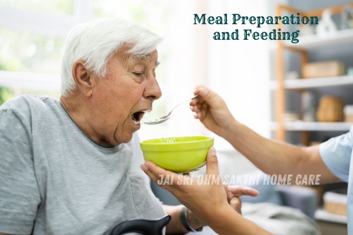 Caregiver feeding an elderly man with love and care at Jai Sri Ohm Sakthi Home Care, Coimbatore