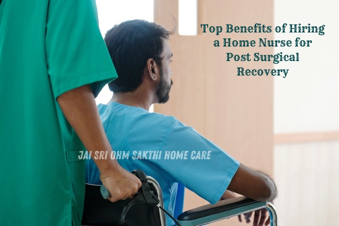 Jai Sri Ohm Sakthi Home Care Post-surgery patient being assisted in a wheelchair by a nurse at home in Coimbatore