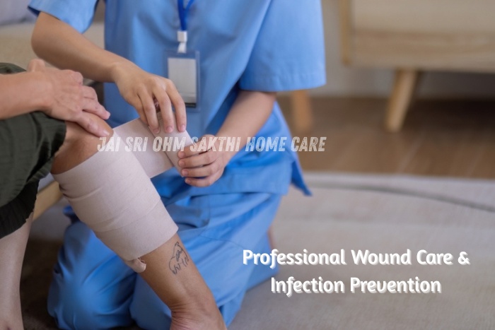 Nurse providing professional wound care and bandaging at Jai Sri Ohm Sakthi Home Care in Coimbatore