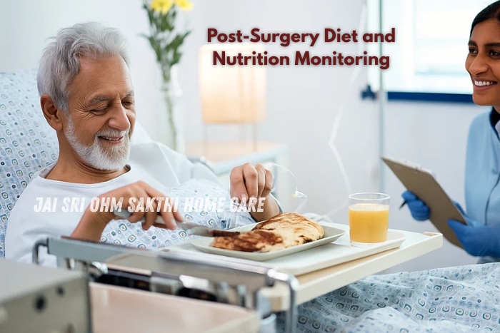 Senior man receiving post-surgery diet and nutrition care from nurse at home - Jai Sri Ohm Sakthi Home Care in Coimbatore