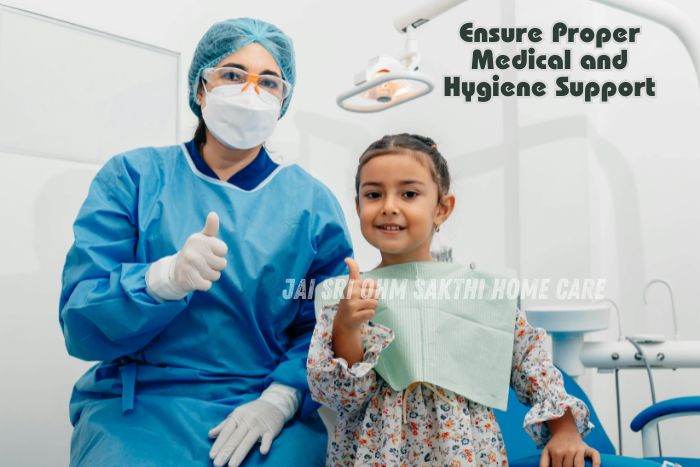 Smiling child with a healthcare professional ensuring medical hygiene at Jai Sri Ohm Sakthi Home Care, Coimbatore