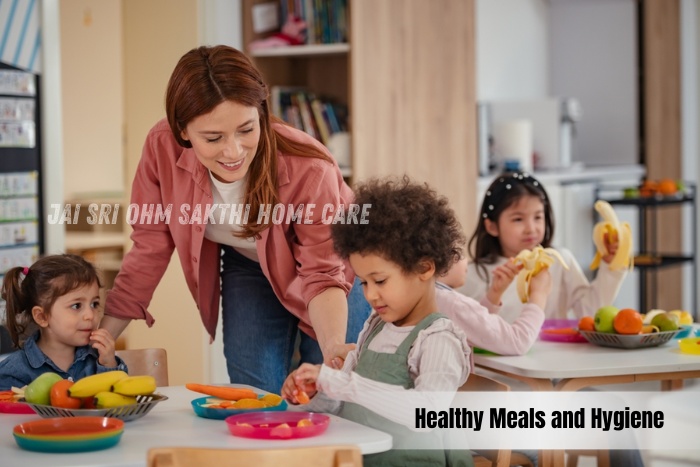 A caregiver healthy eating-Jai Sri Ohm Sakthi Home Care in Coimbatore supports child wellness through balanced meals