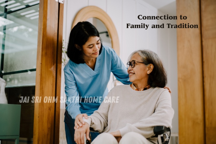 Jai Sri Ohm Sakthi Home Care in Chennai and Coimbatore-Professional home nurse supporting a senior woman in a wheelchair